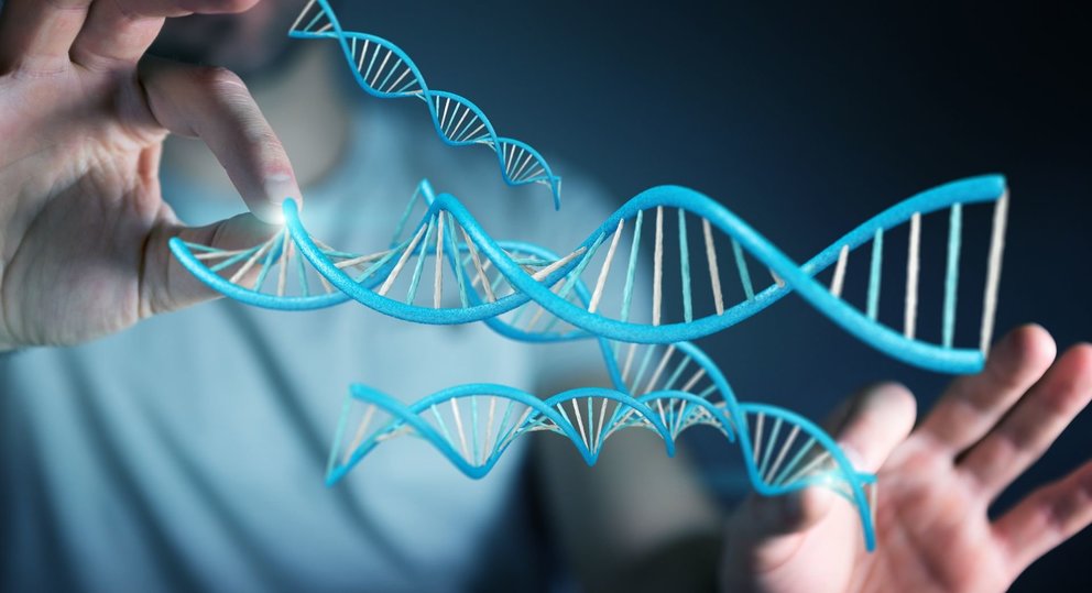 Businessman on blurred background using modern DNA structure 3D rendering